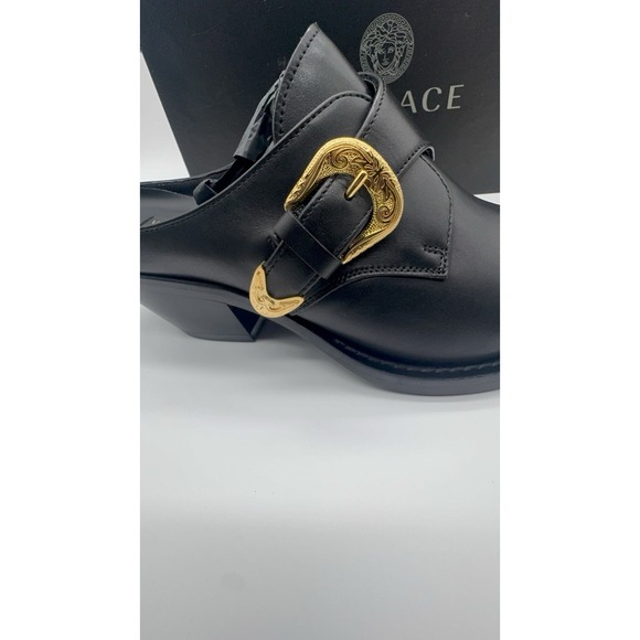Versace Black Gold Leather Mules Heels Medusa Bucklel Women's 40 EU New - Picture 3 of 16